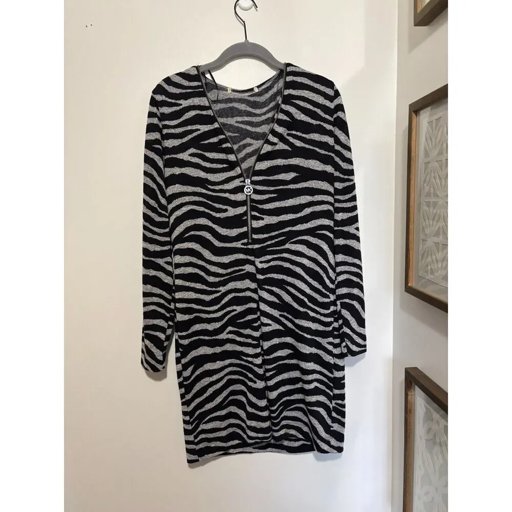Michael‎ Kors Zebra Print Quarter Zip Dress Womens Medium Stretch Bodycon Mini